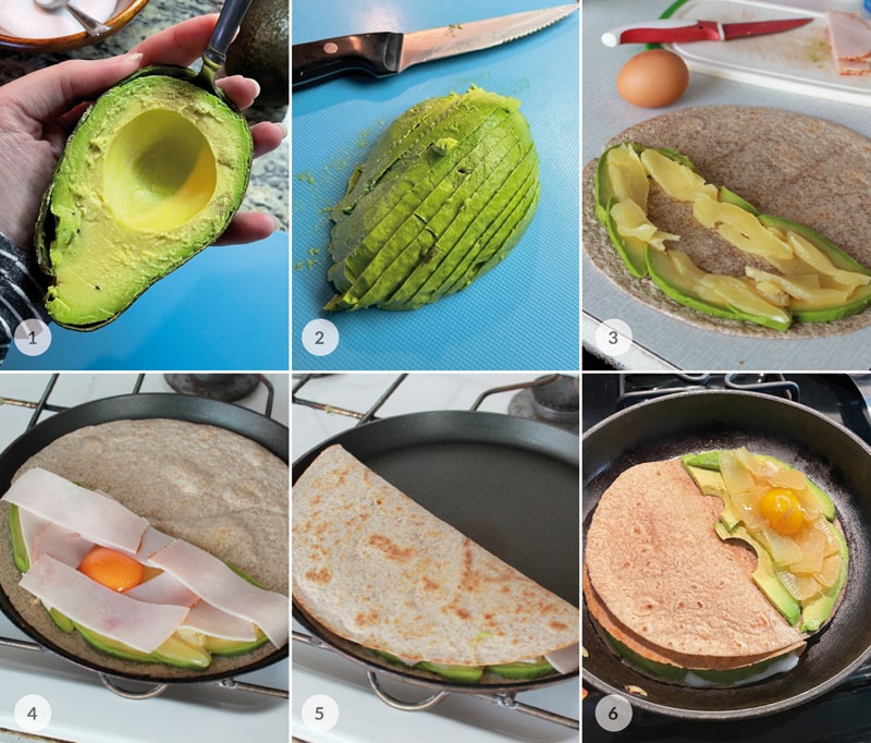 Plněná celozrnná tortilla vejcem a avokádem foto postup