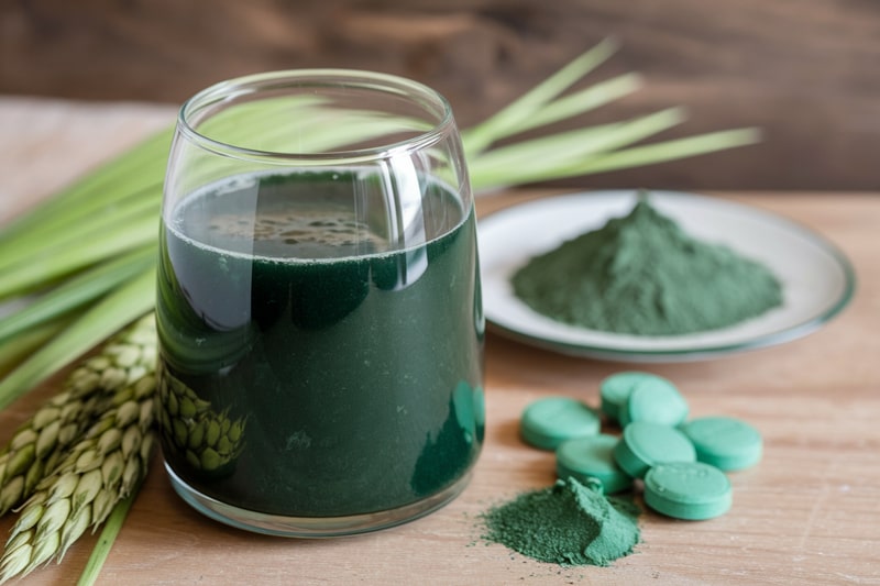 Zelené supergreens - mladý ječmen, zelená pšenice, řasy spirulina a chlorella rozmíchané ve vodě